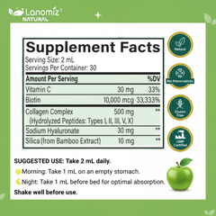 Lanomiz Colágeno y Biotina en Gotas 10,000mcg - Promueve la Firmeza e Hidratación de la Piel - Apoya el Volumen del Cabello y un Brillo Radiante - Sabor Manzana Verde - 2 Fl Oz