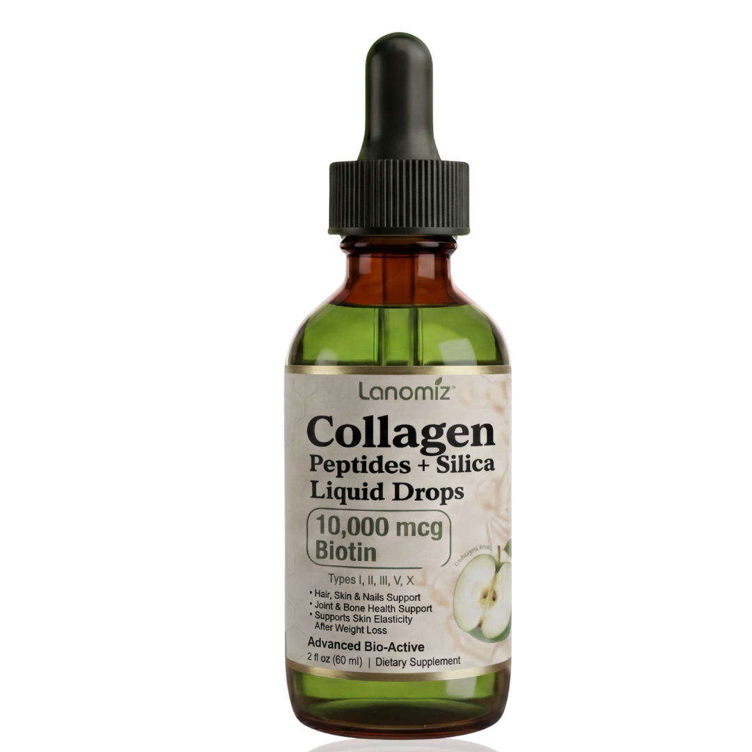 Lanomiz Colágeno y Biotina en Gotas 10,000mcg - Promueve la Firmeza e Hidratación de la Piel - Apoya el Volumen del Cabello y un Brillo Radiante - Sabor Manzana Verde - 2 Fl Oz