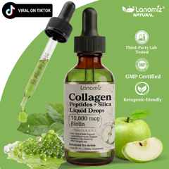 Lanomiz Colágeno y Biotina en Gotas 10,000mcg - Promueve la Firmeza e Hidratación de la Piel - Apoya el Volumen del Cabello y un Brillo Radiante - Sabor Manzana Verde - 2 Fl Oz